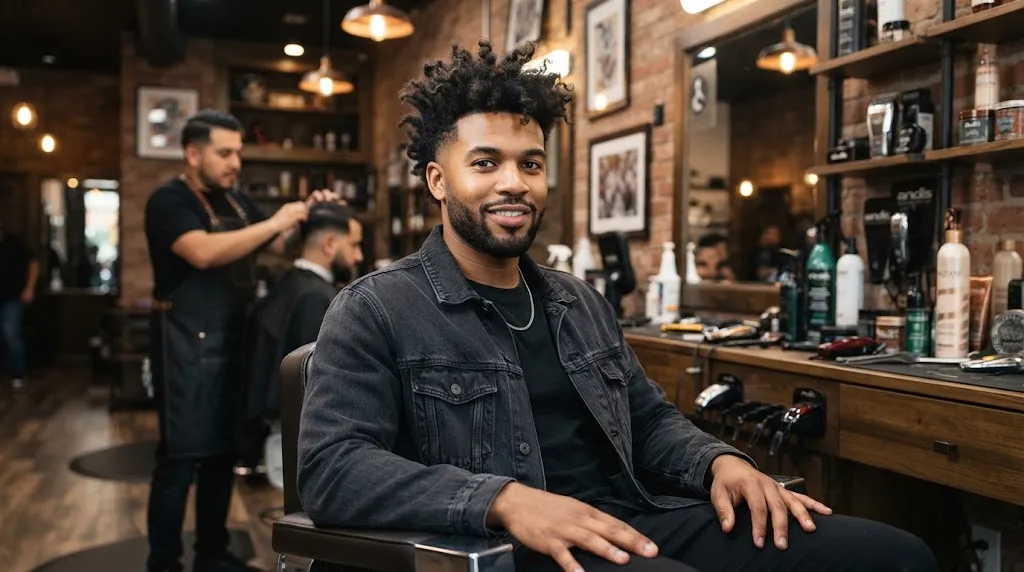 A stylish man with a bold and modern funky hairstyle featuring natural volume and high-energy texture in a barbershop