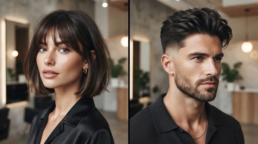Modern 2026 hairstyle trends featuring a chin-skimming women's bob with blunt fringe and a textured side profile cut for men.