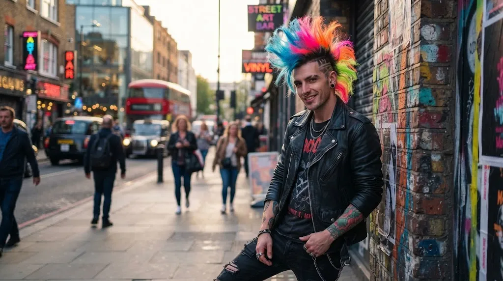 A man showcasing a crazy and wild neon-dyed mohawk hairstyle with vibrant colors and sharp texture.