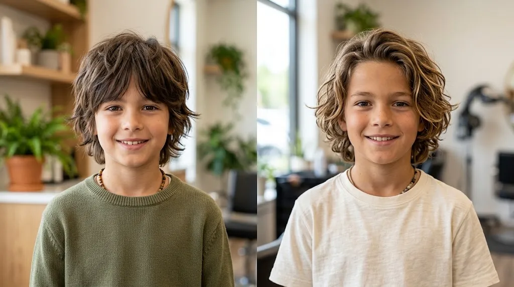 Side-by-side comparison of a young boy with a layered modern wolf cut and a boy with a natural wavy surfer style haircut for kids 2026.