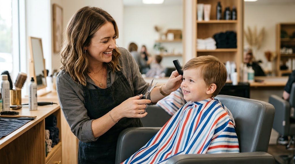 A happy toddler sitting in a salon chair getting their first haircut from a smiling professional hairdresser