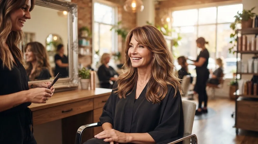A mature woman in a modern salon showcasing soft face-framing layers and side-swept bangs that add natural volume and lift.